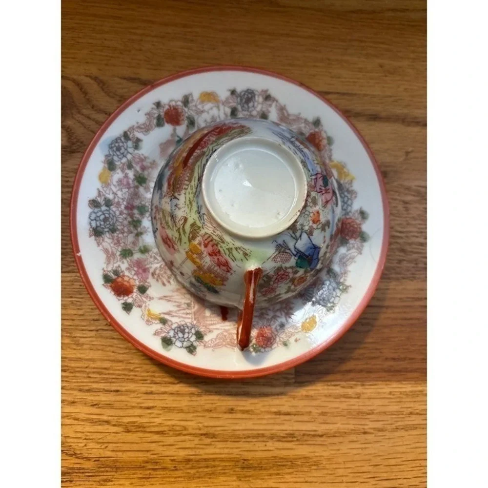 Vintage Japanese Eggshell Porcelain Tea Cup Saucer Mount Fuji Hand Painted